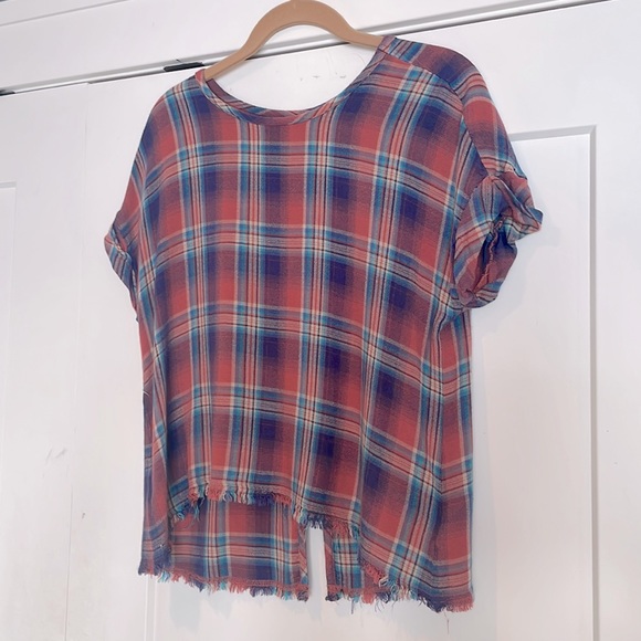 Anthropologie Cloth & Stone “Mallory” Button Back Flannel Plaid Short Sleeve Top - Picture 6 of 11